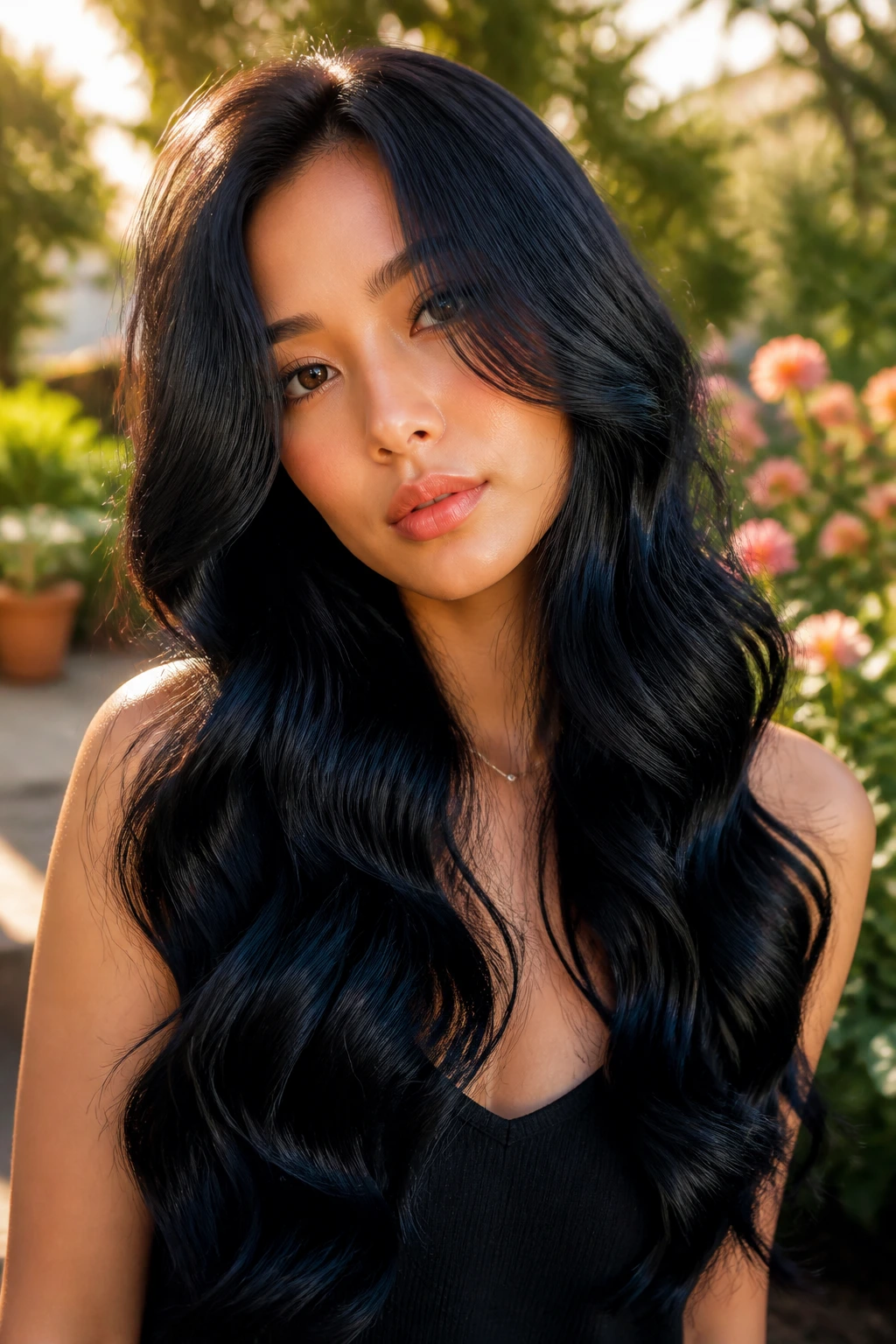 Real woman with long blue-black curls catching sunlight, ribbon-like shine outdoors.