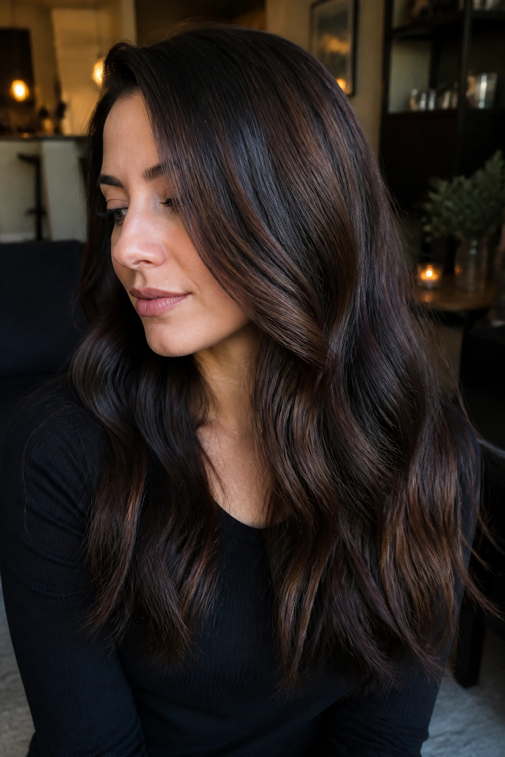 Close-up portrait showing chestnut hair with blue-black lowlights on a real person