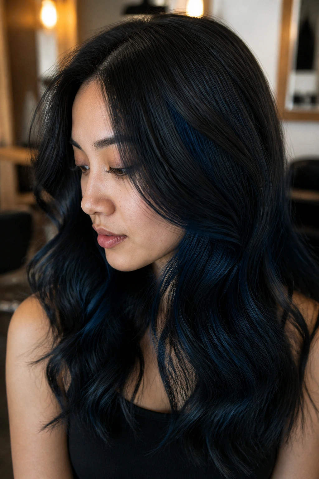 Close-up of real person with blue-black lowlights adding depth