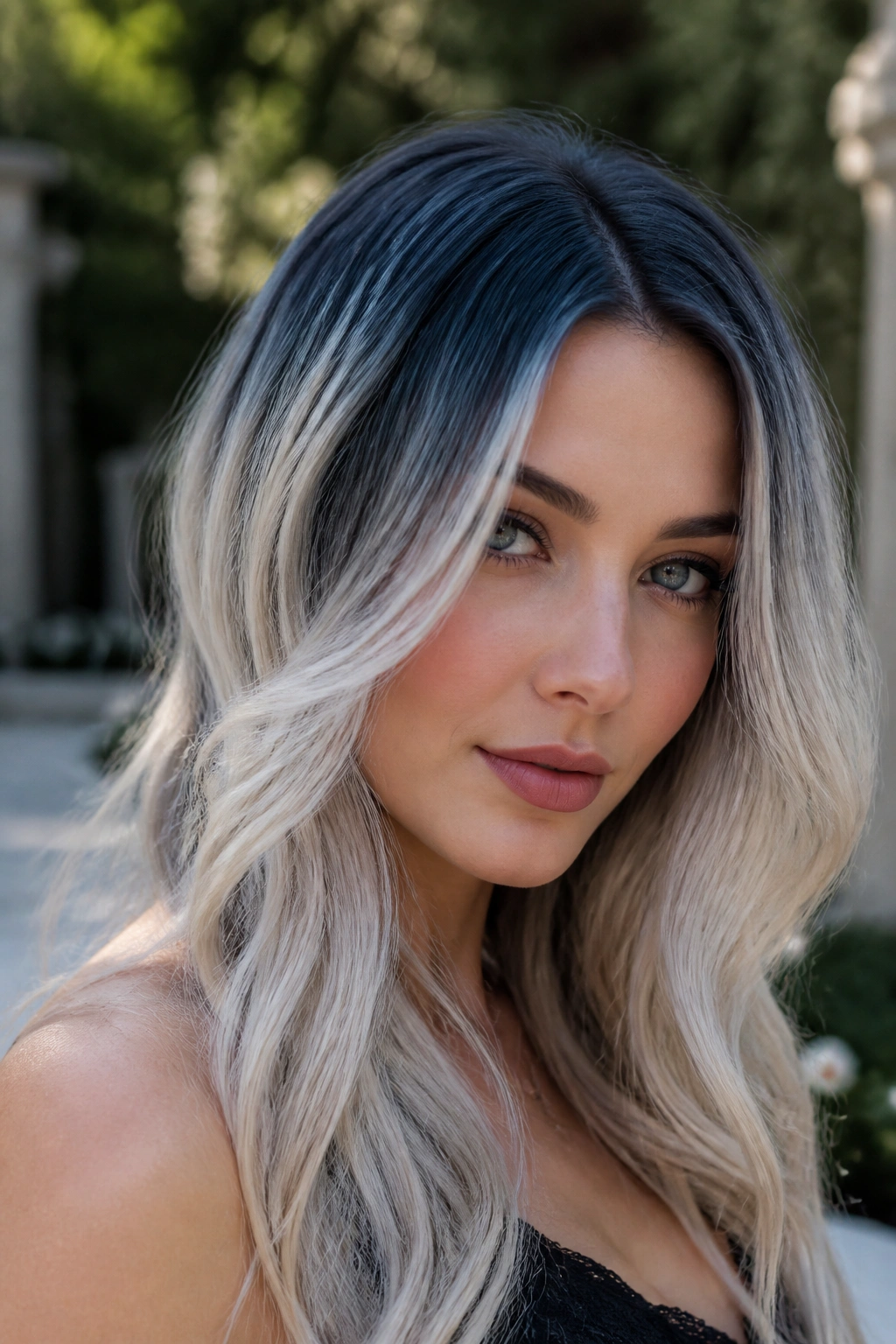 Close-up portrait of a real woman with blue-black root melt blending into pale blonde hair.