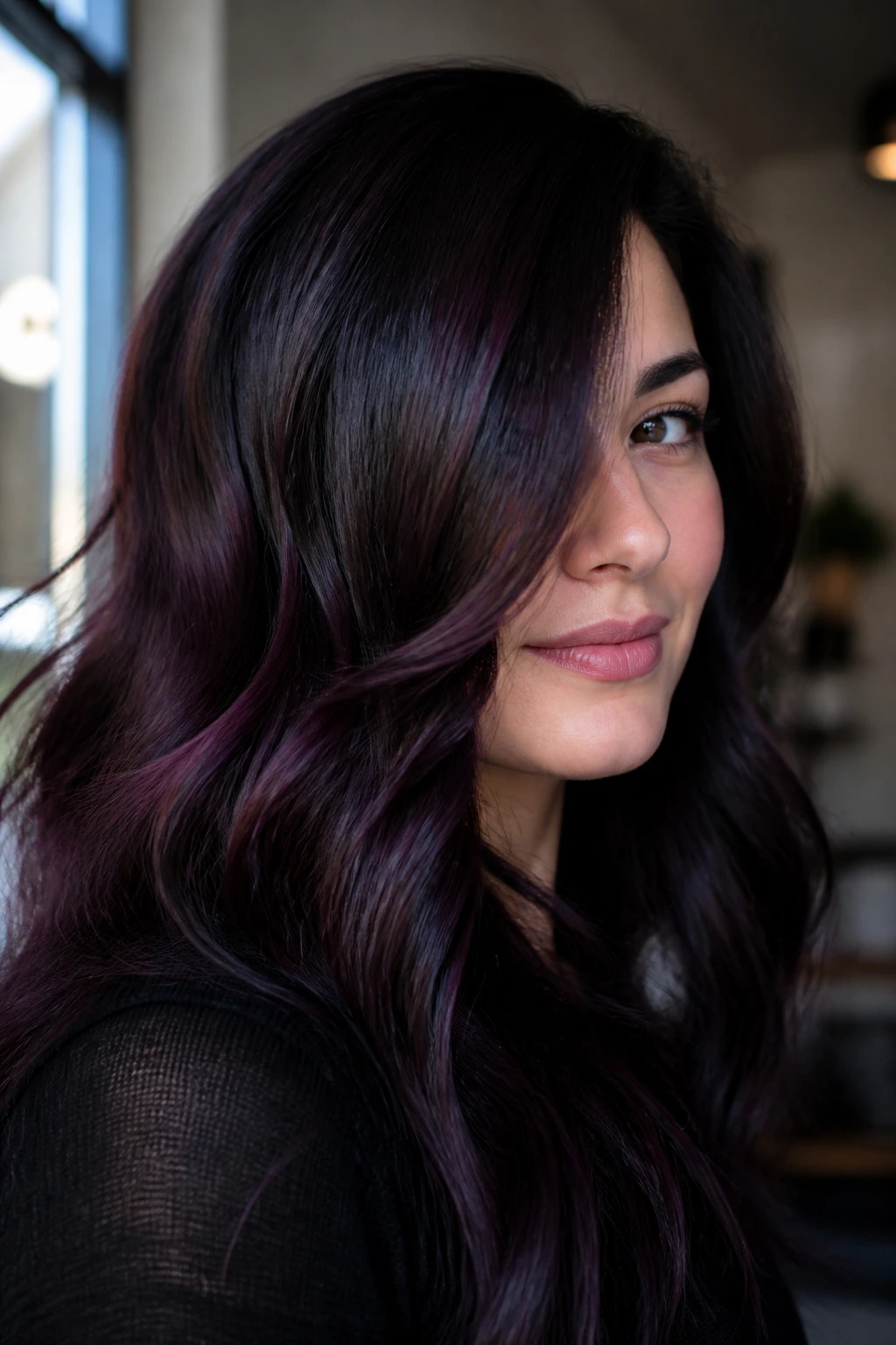 Close-up portrait of a real woman with blue-black merlot hair on brunette base, window light