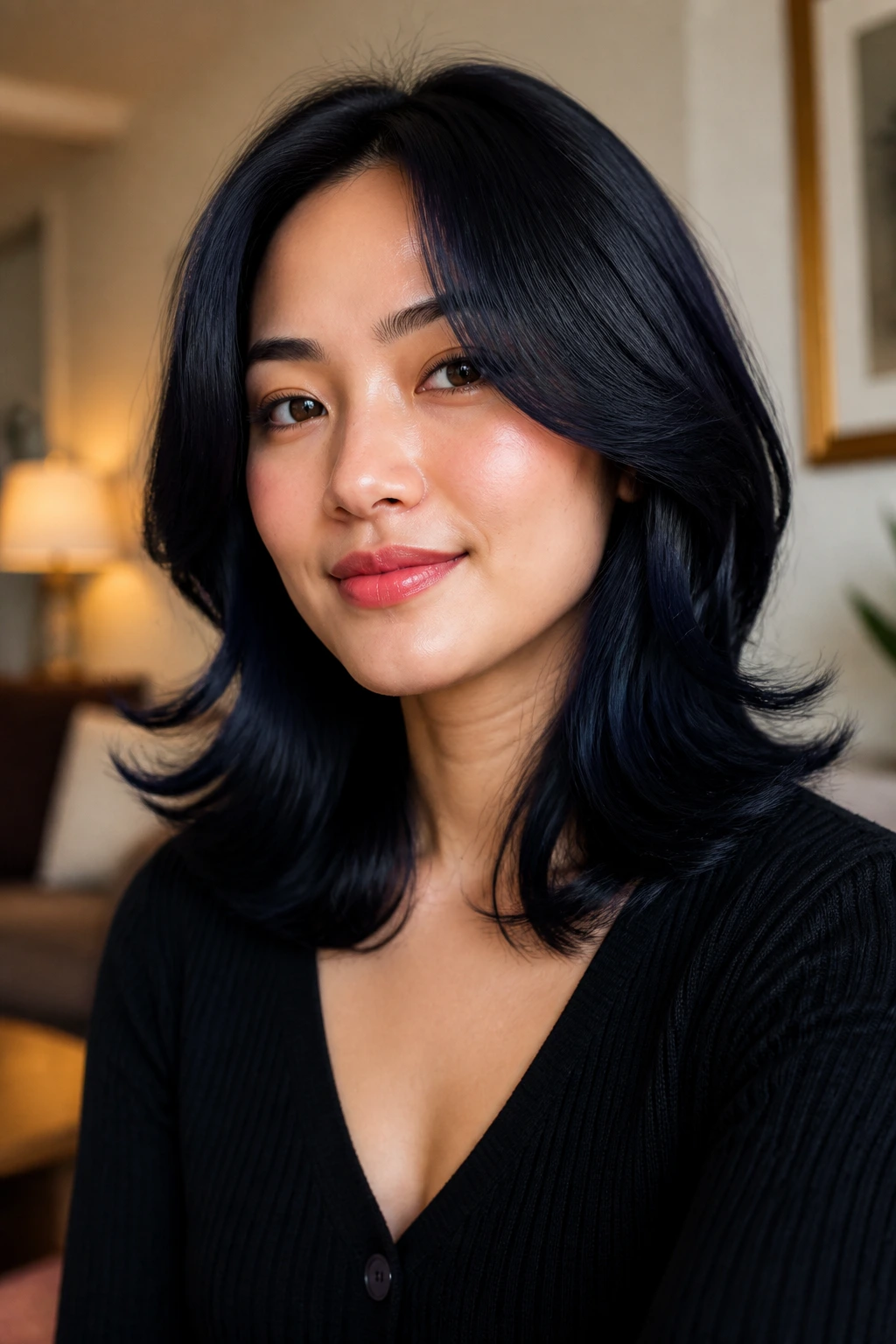 Real woman with mid-length layered hair and flipped-out ends in blue-black shade, warm interior lighting.