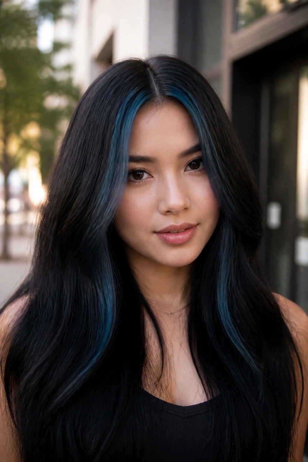 Close-up of a woman with a slim blue-black money piece on long hair