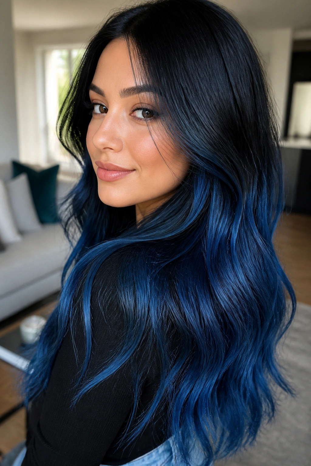 Real person with blue black ombre and glossy finish close up