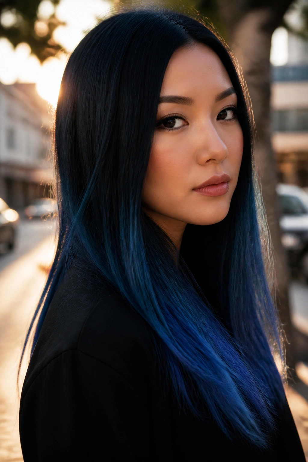 Close-up of blue-black ombré hair ending in sapphire blue tips