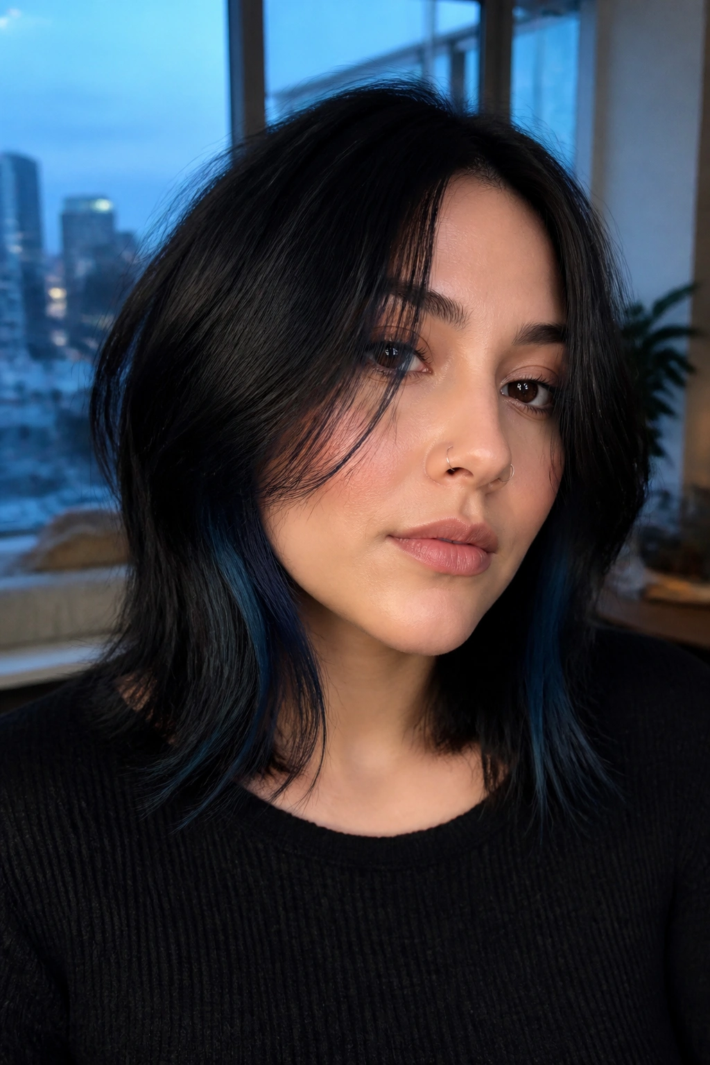 Close-up of blue-black panels along the jaw on a real person