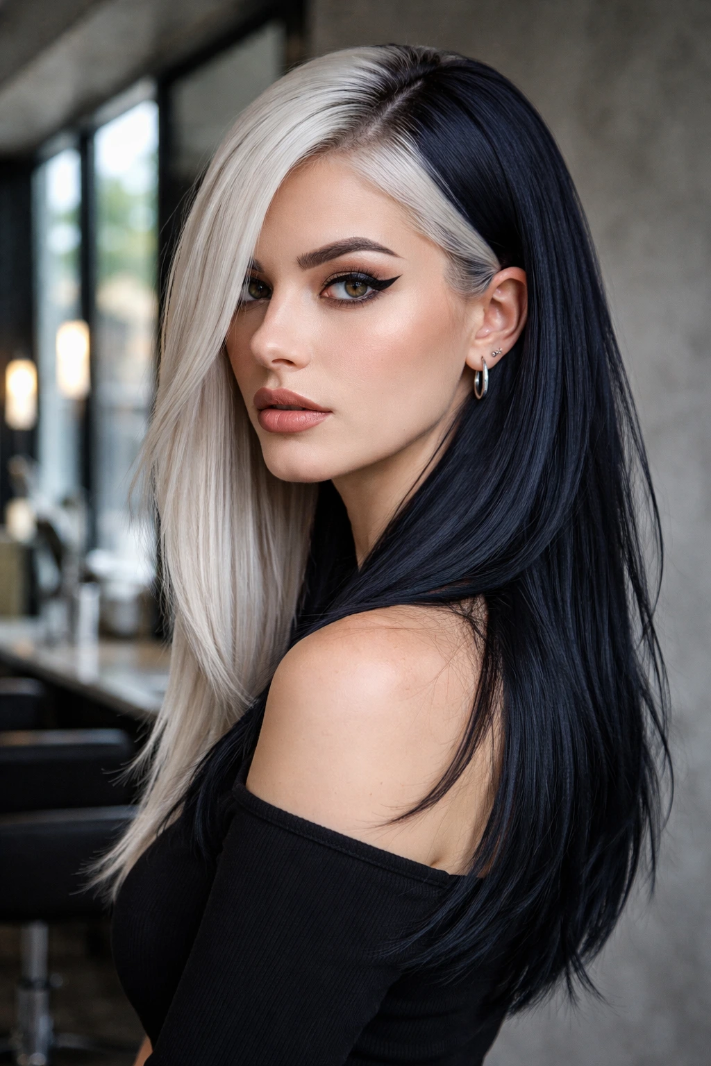 Portrait of a person with blue-black and platinum color-block hair in a chic salon setting.