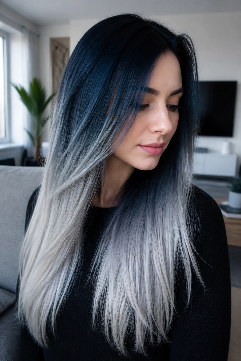 Portrait of a real person with blue-black to platinum smoke ombre on long hair