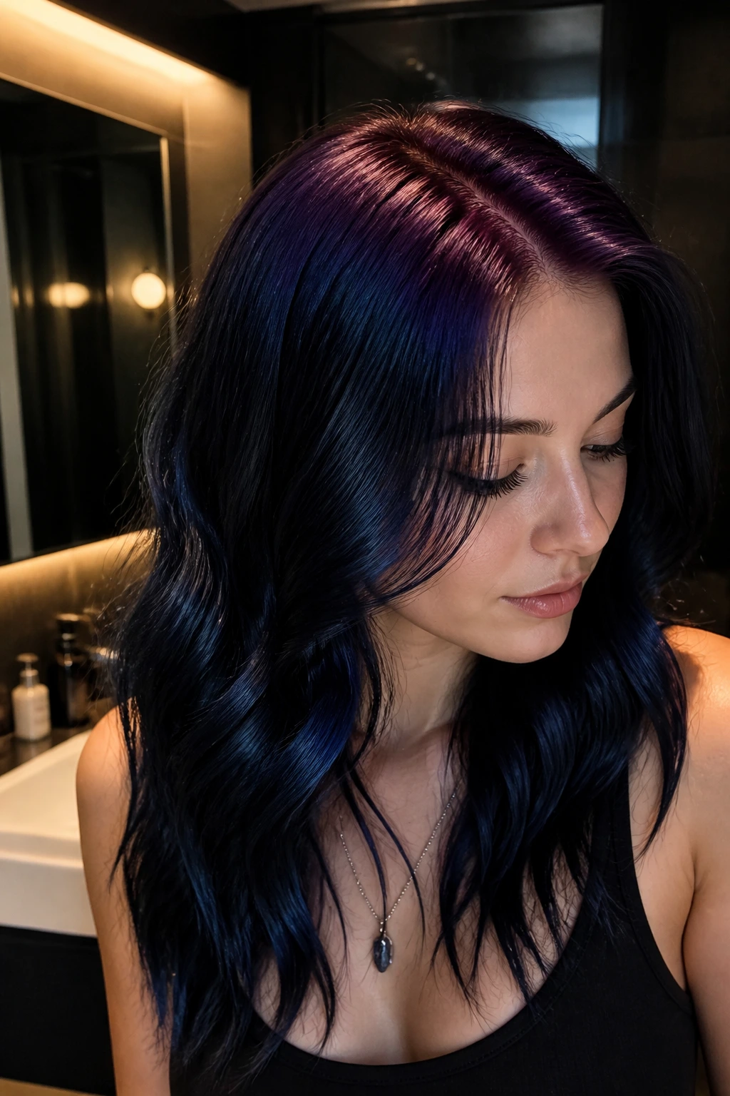 Close-up of a real person with blue-black hair and plum shadow roots