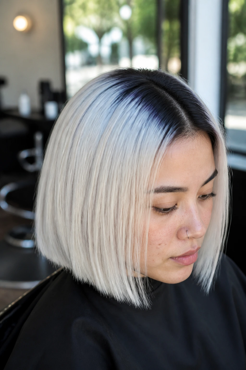 Close-up of blue-black root against platinum blonde hair on a real person in a salon setting.