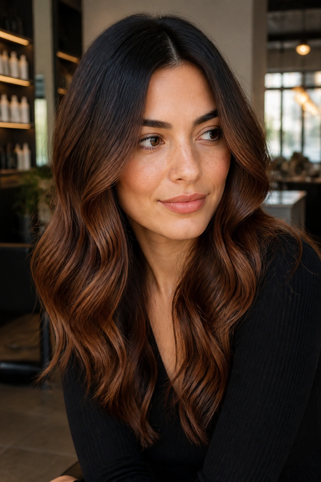 Close-up of a real woman with blue-black root shadow and chestnut lengths