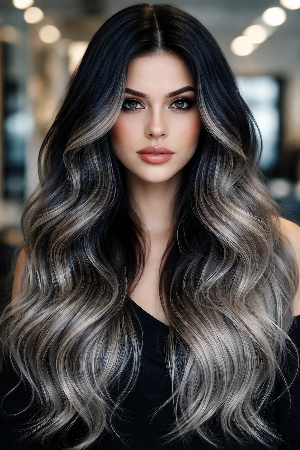 Close-up of a real woman with stormy blue-black roots fading to smoky blonde in a salon
