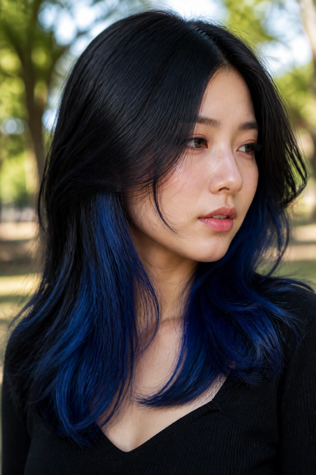 Close-up of blue-black hair with sapphire panels peeking through on a real person in sunlight.