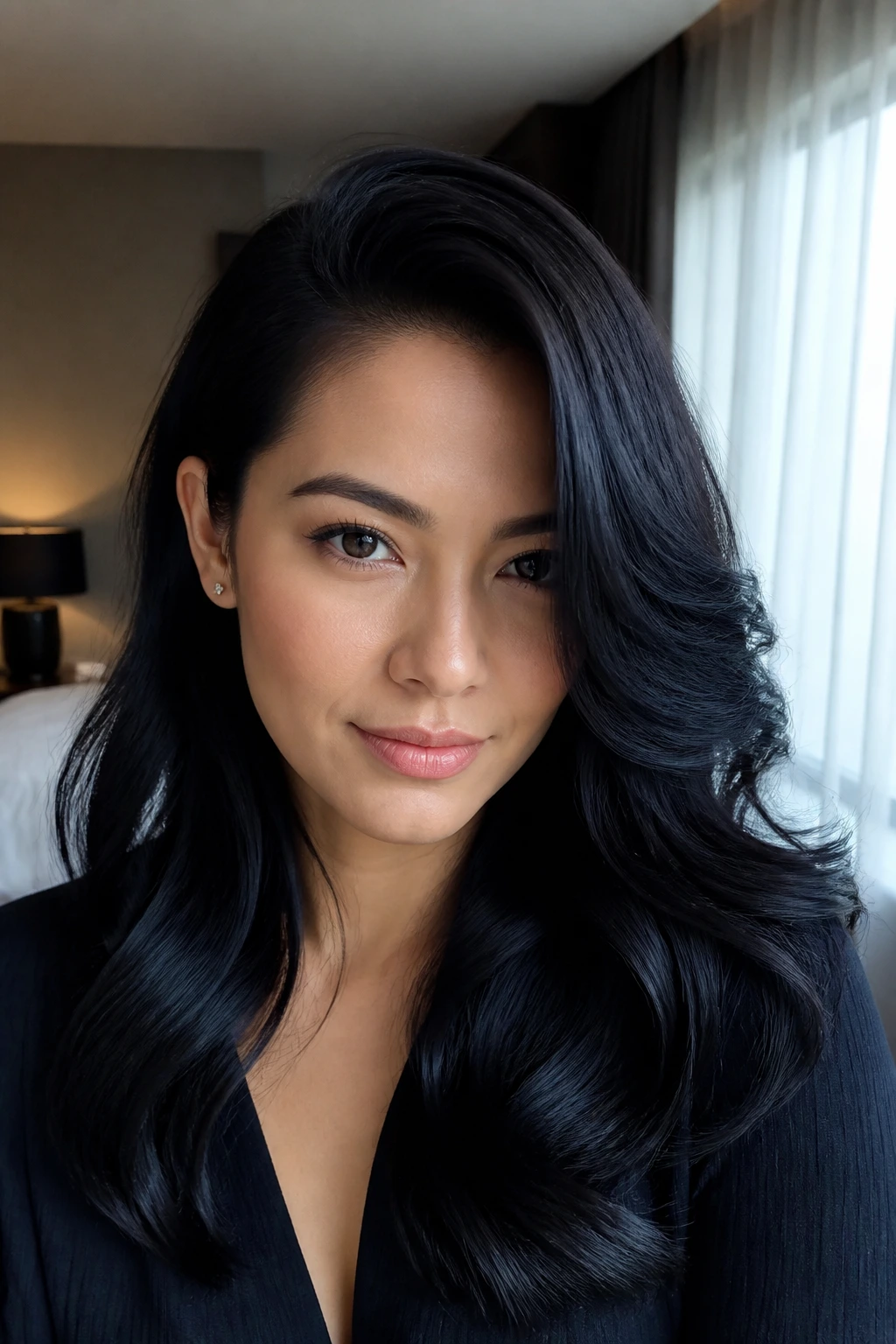 Real woman with deep side part and sculpted waves in blue-black hair, soft hotel room lighting.