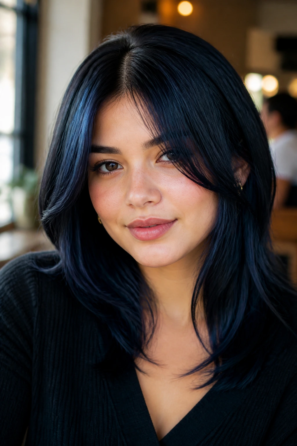 Close-up portrait of a real person with blue-black hair featuring a shadow root and soft face framing
