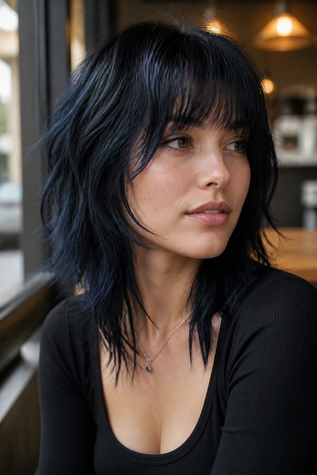 Close-up of a woman with a choppy blue-black shag showing broken ends