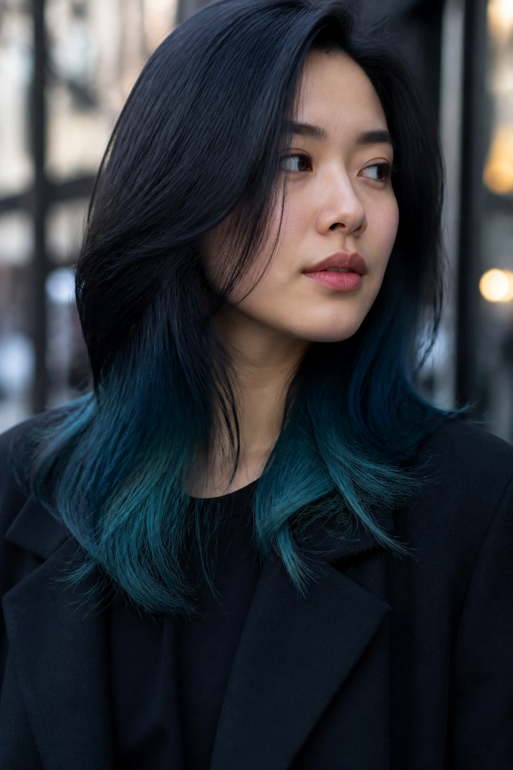 Close-up of blue-black hair with smoky teal underlayers peeking from ends on a real person.
