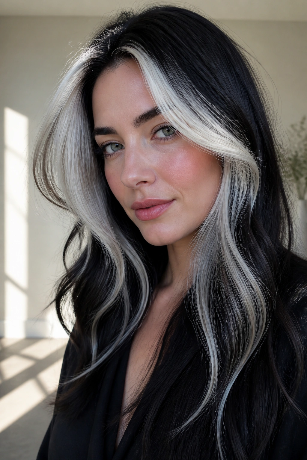 Close-up of a real person with blue-black hair and snowy curtain pieces framing the face.