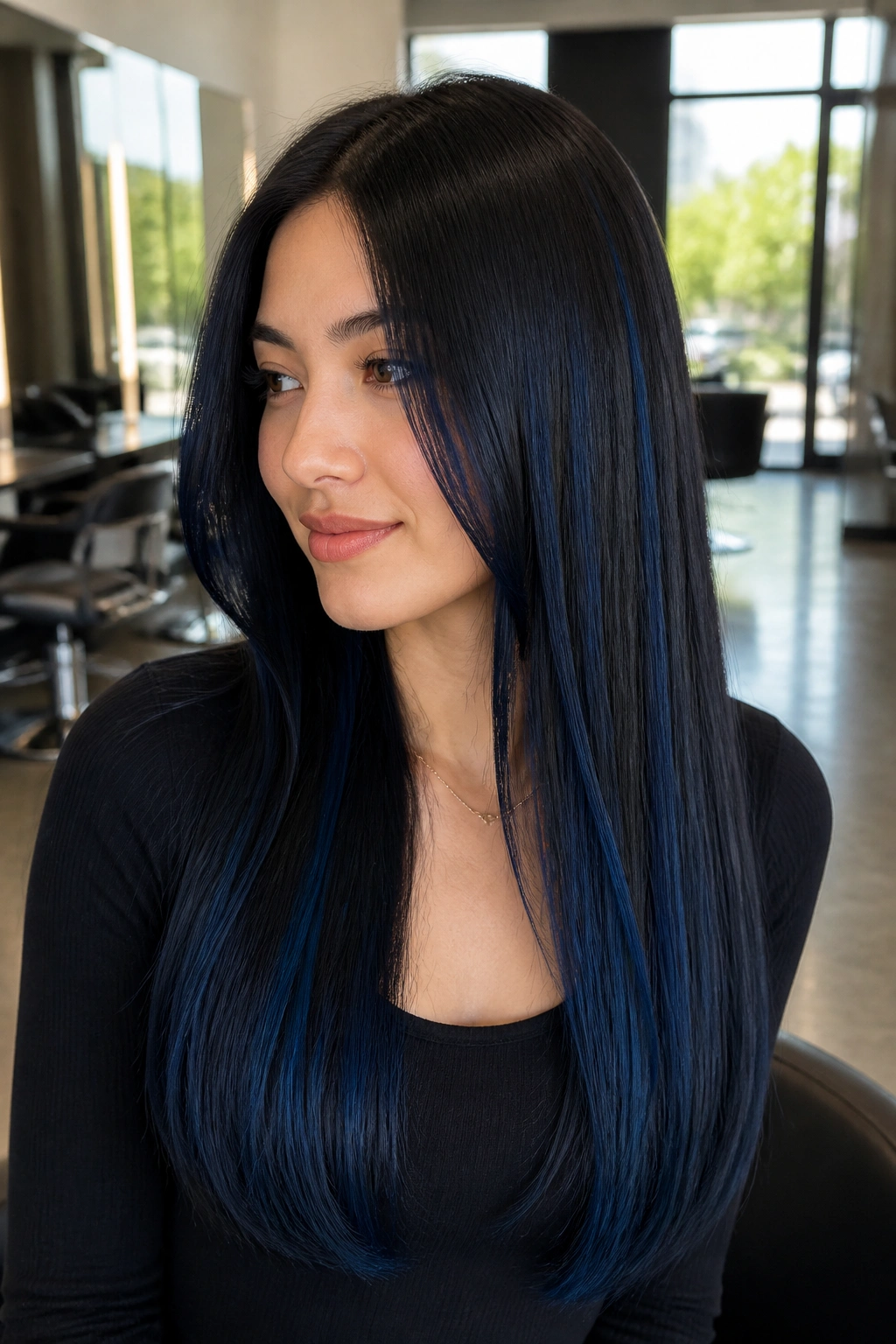 Portrait of a real person with straight hair and long blue-black ribbons from mid-length to ends.