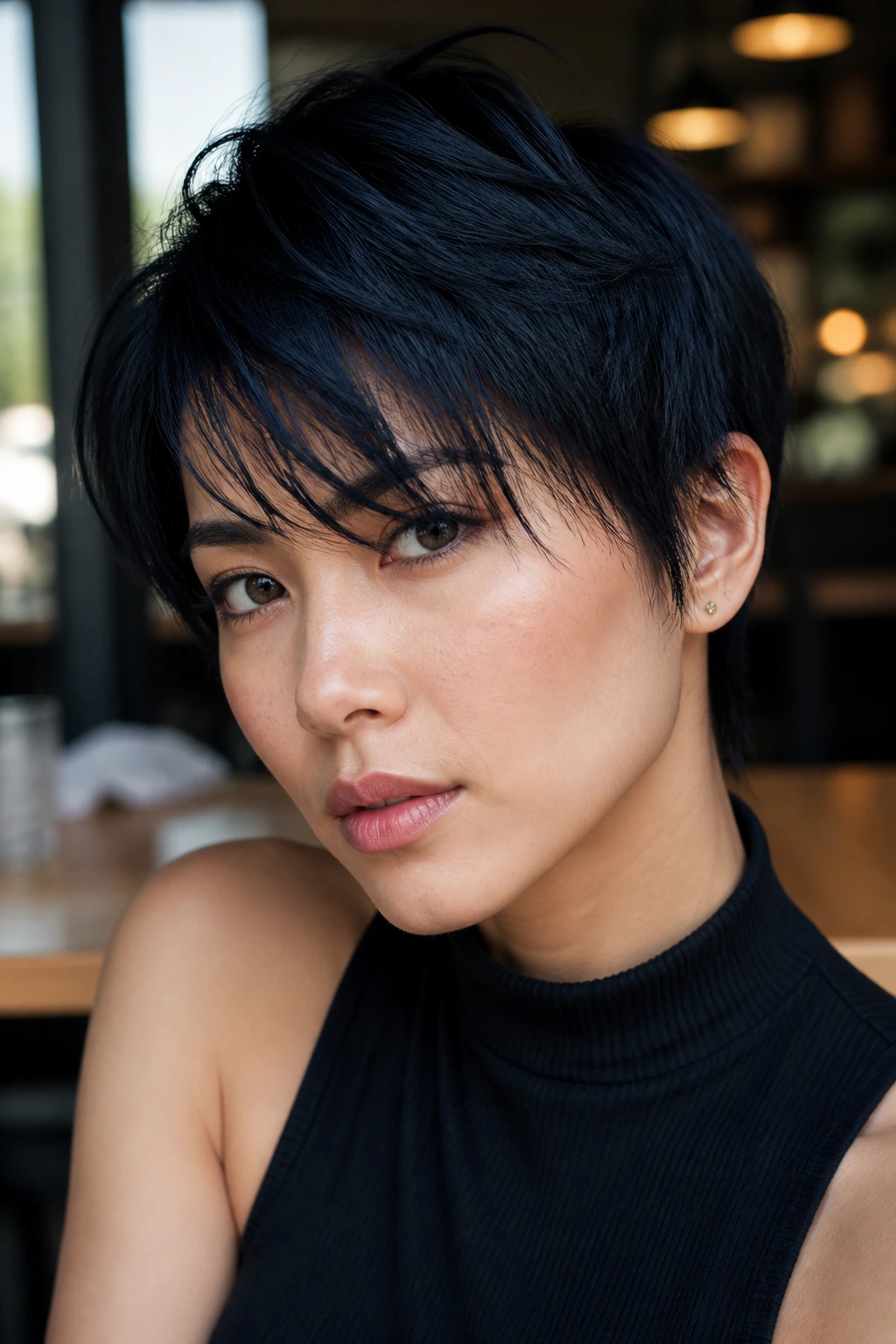 Real woman with a textured crop and longer fringe in blue-black hair, cafe lighting.
