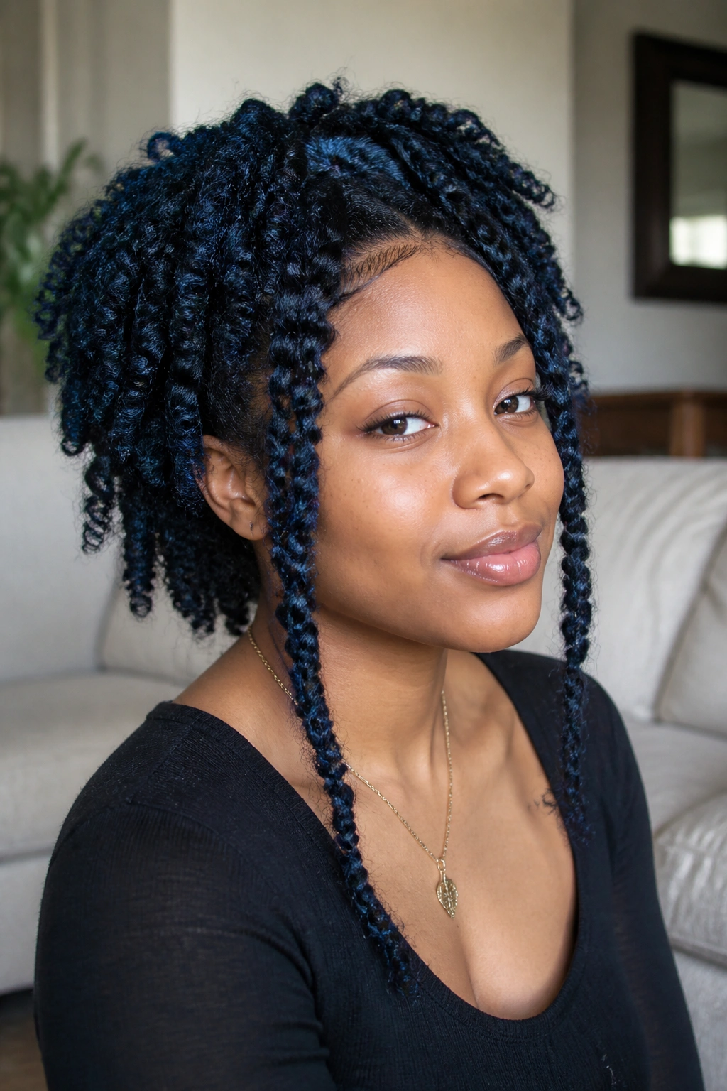 Close-up of a real woman with blue-black twist-out and long face-framing pieces in warm window light