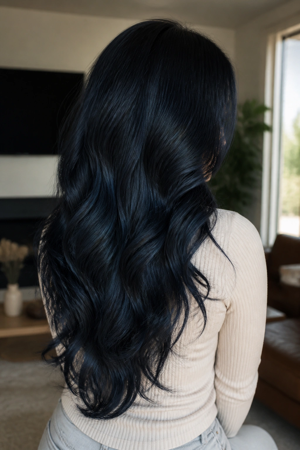 Real person with blue-black V-cut and long waves in natural light