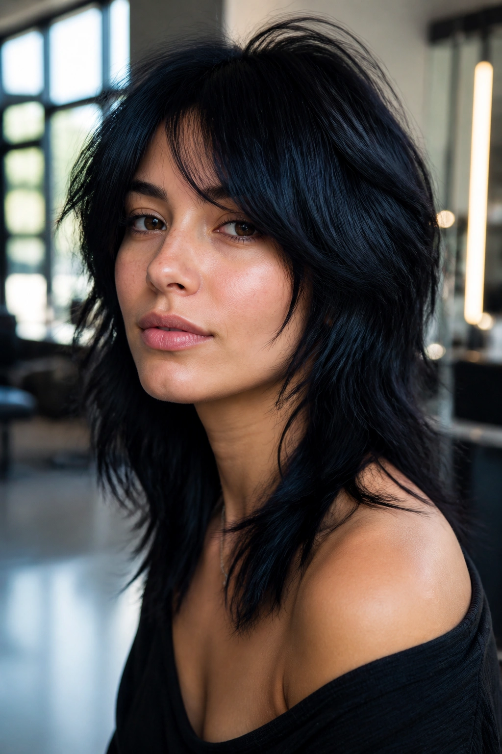 Close-up portrait of a real woman with blue-black wolf cut and face-framing texture in a salon