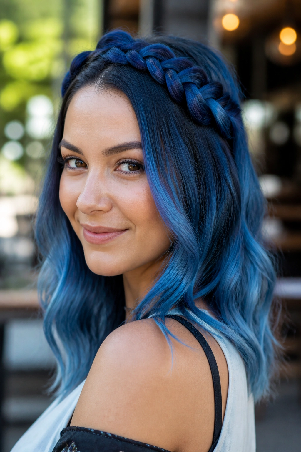Woman with half-up braided blue hairstyle