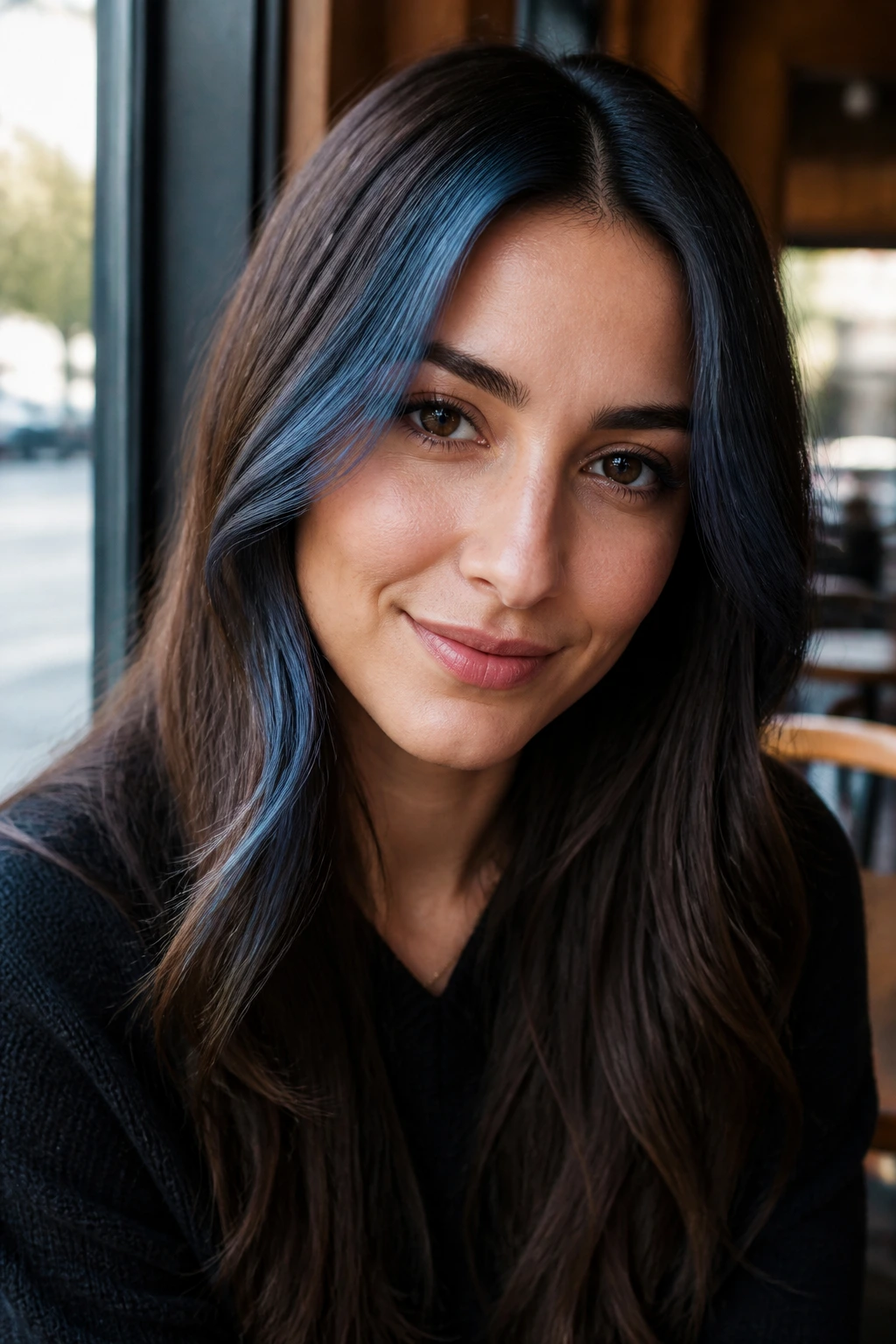 Close-up of a woman with a blue brown money piece framing her face