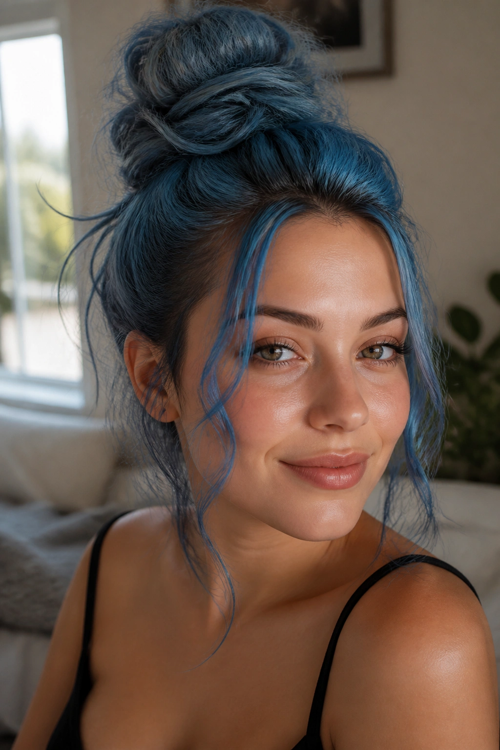 Close-up portrait of a real person with a messy blue bun and soft tendrils framing the face