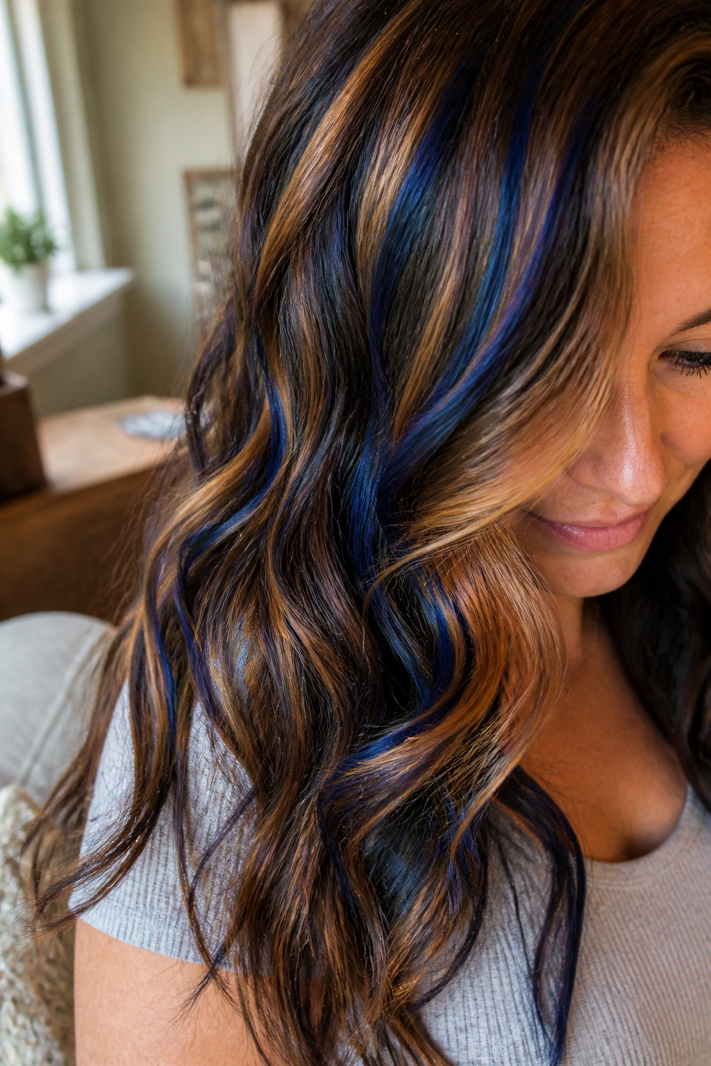 Brown hair with blue and caramel ribbons throughout mid-lengths