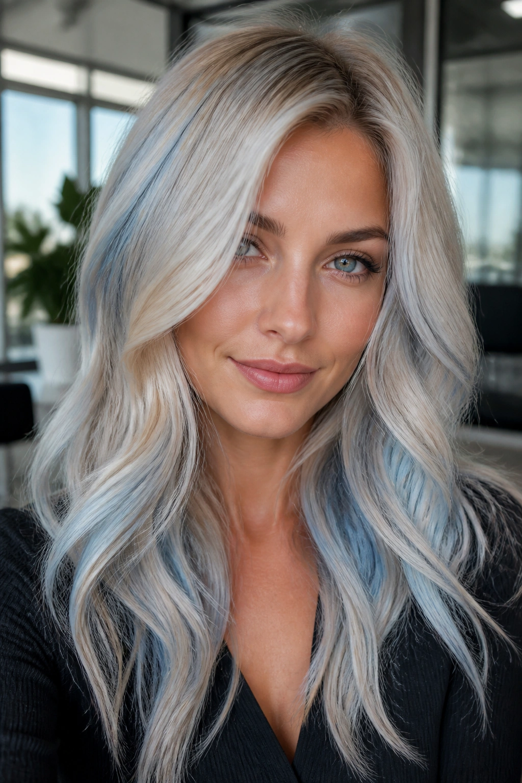 Close-up portrait of a real woman with blue champagne blonde hair in office daylight.