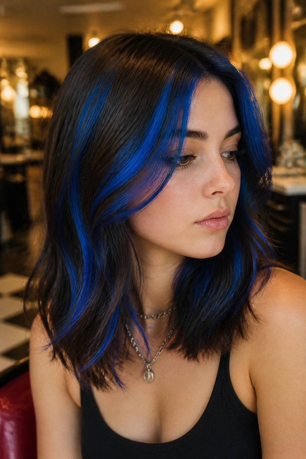 Real person with bold blue chunky streaks in brown hair under salon lighting