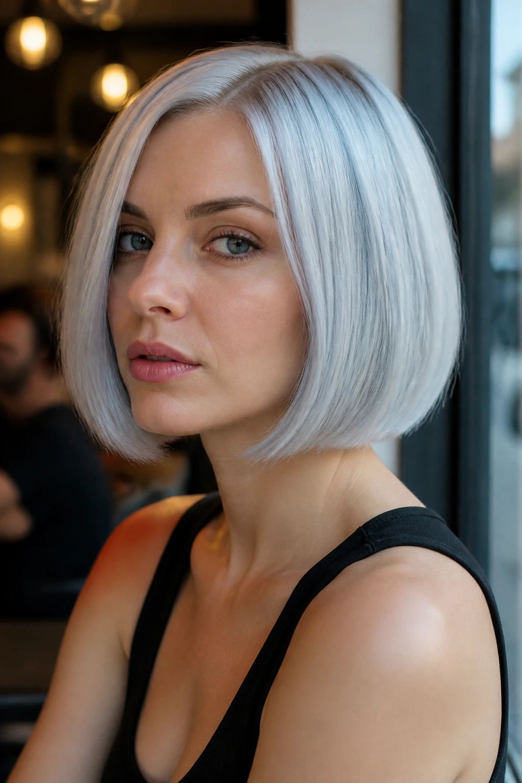 Close-up portrait of a real woman with a blue-glass platinum sleek bob in daylight.