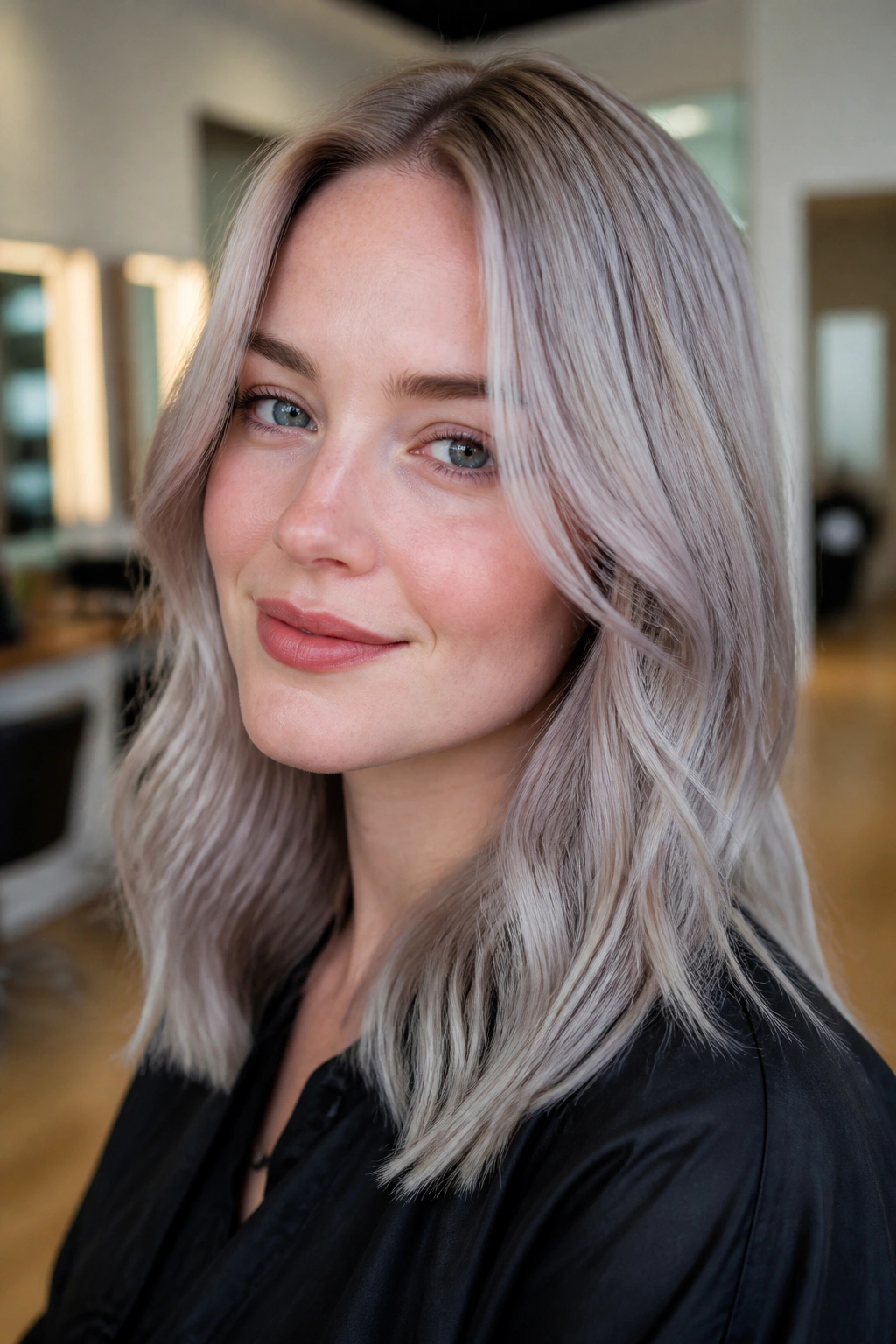 Close-up portrait of a real woman with Blue-Gray Blonde Glaze in soft light.