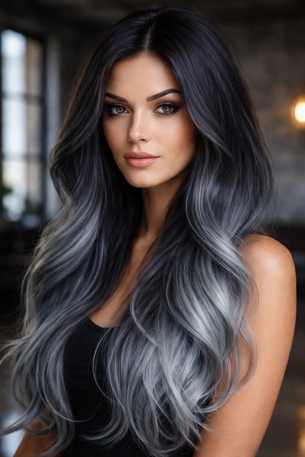 Close-up portrait of a real woman with smokey blue-gray hair