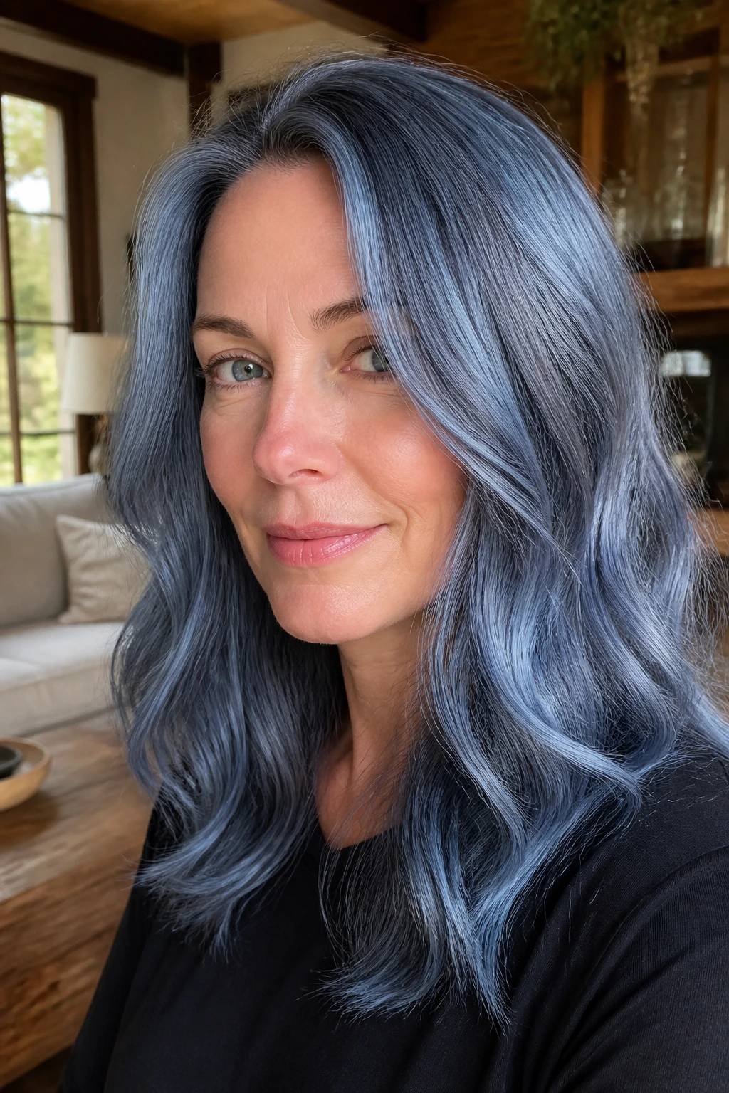 Close-up of a real woman with blue-gray glossy hair catching light