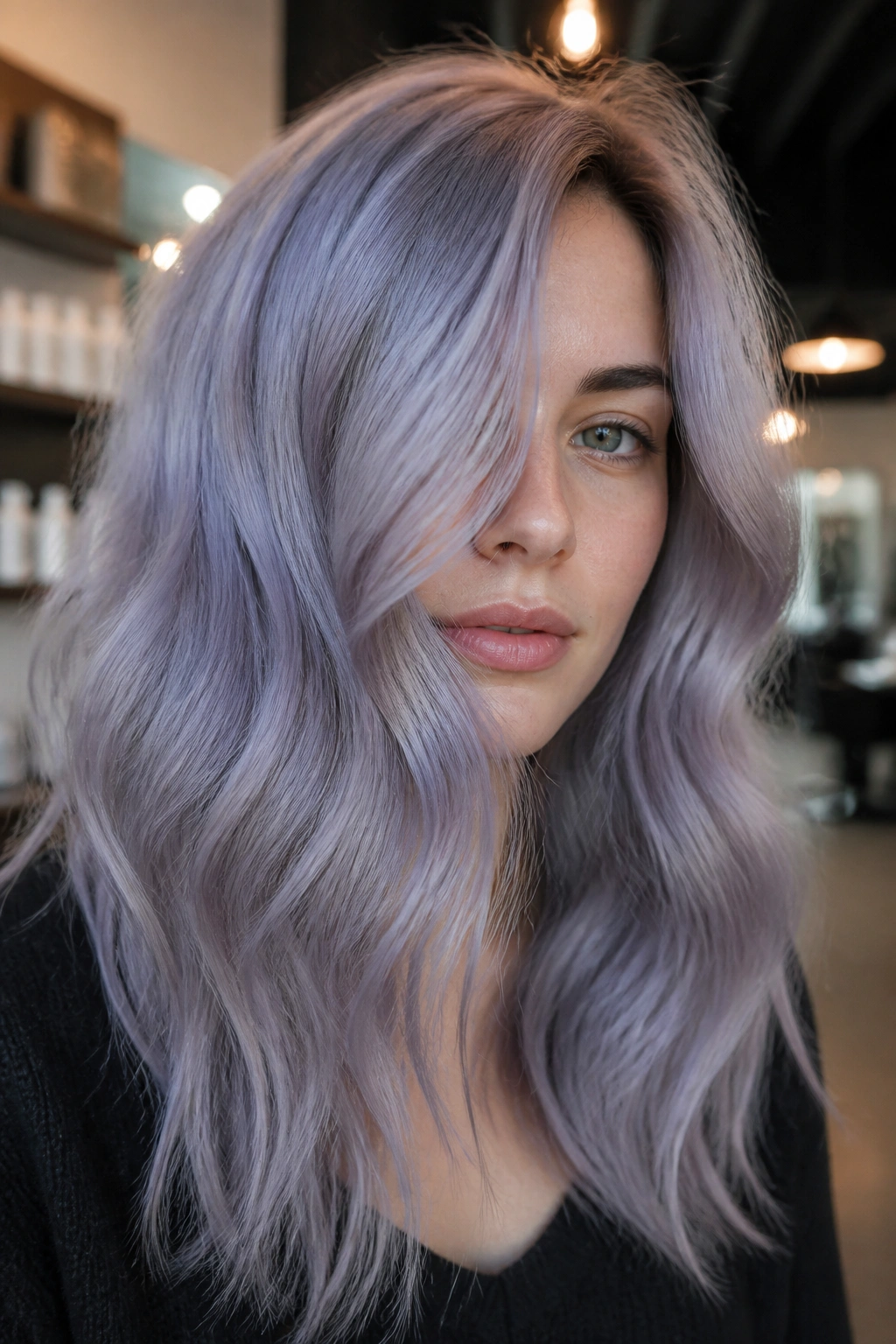 Close-up of a real person with blue-gray lilac hair in a chic salon setting