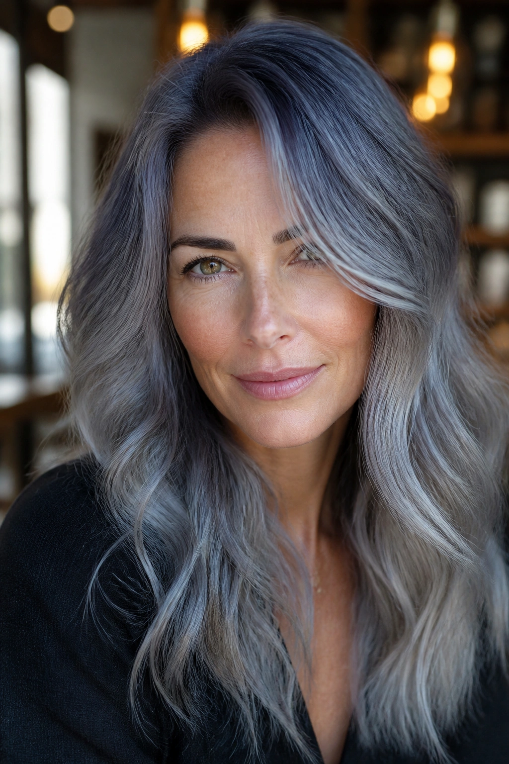 Real person with blue-gray melt hair in natural light