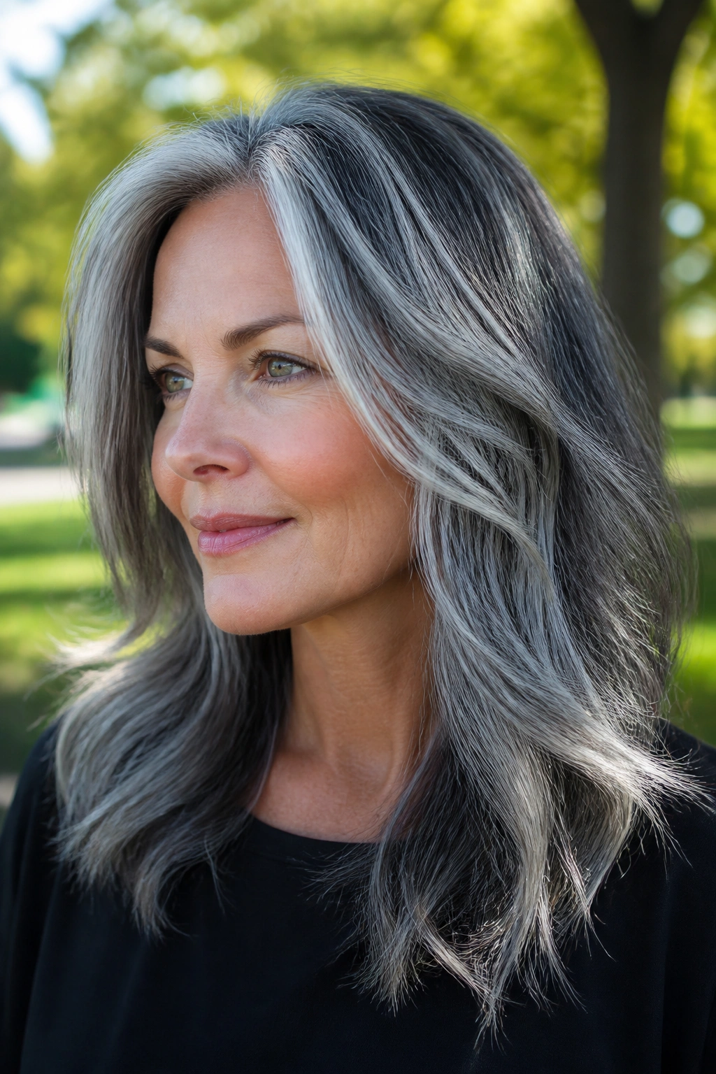Close-up portrait of a real person with blue-gray silver balayage in soft outdoor light