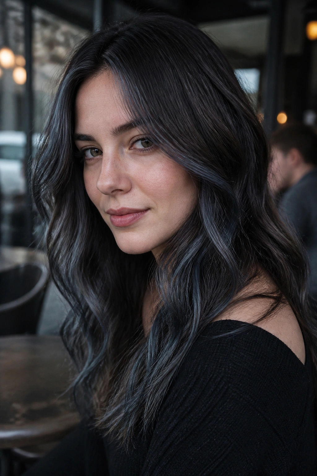 Portrait of a real person with blue-gray smoky brunette hair