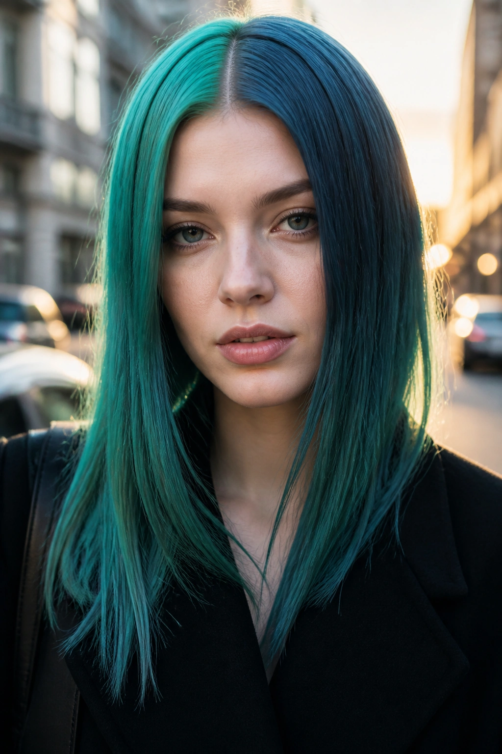 Close-up portrait of a real person with blue-green split dye, teal on one side and blue-green on the other