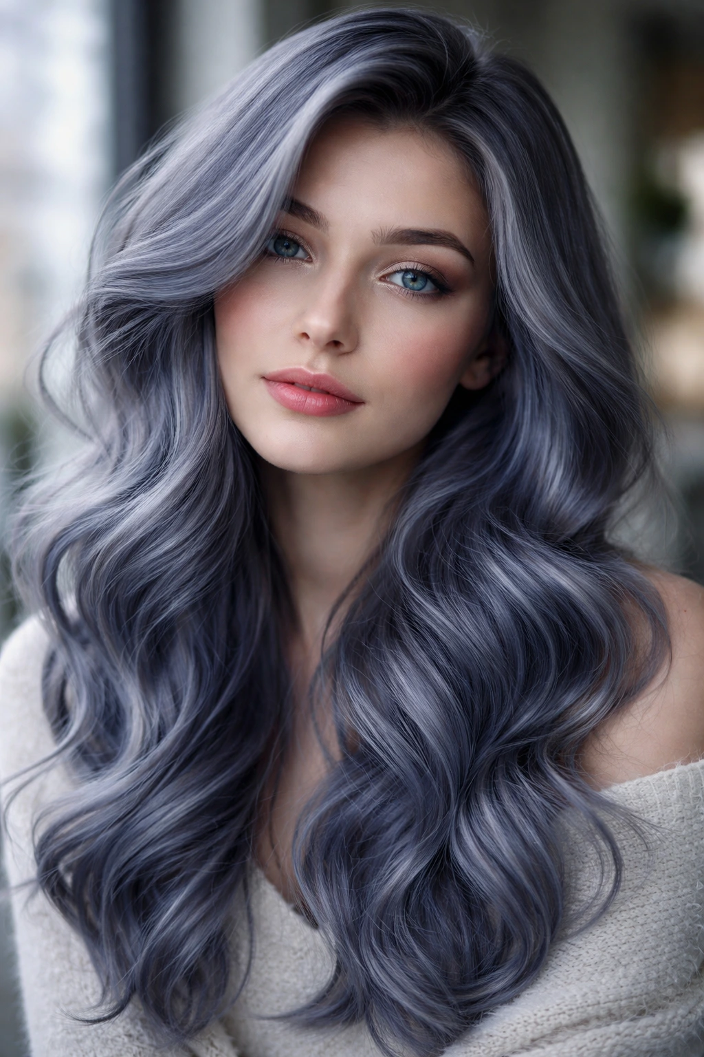 Real person with cool-toned stormy blue-grey hair close-up portrait.
