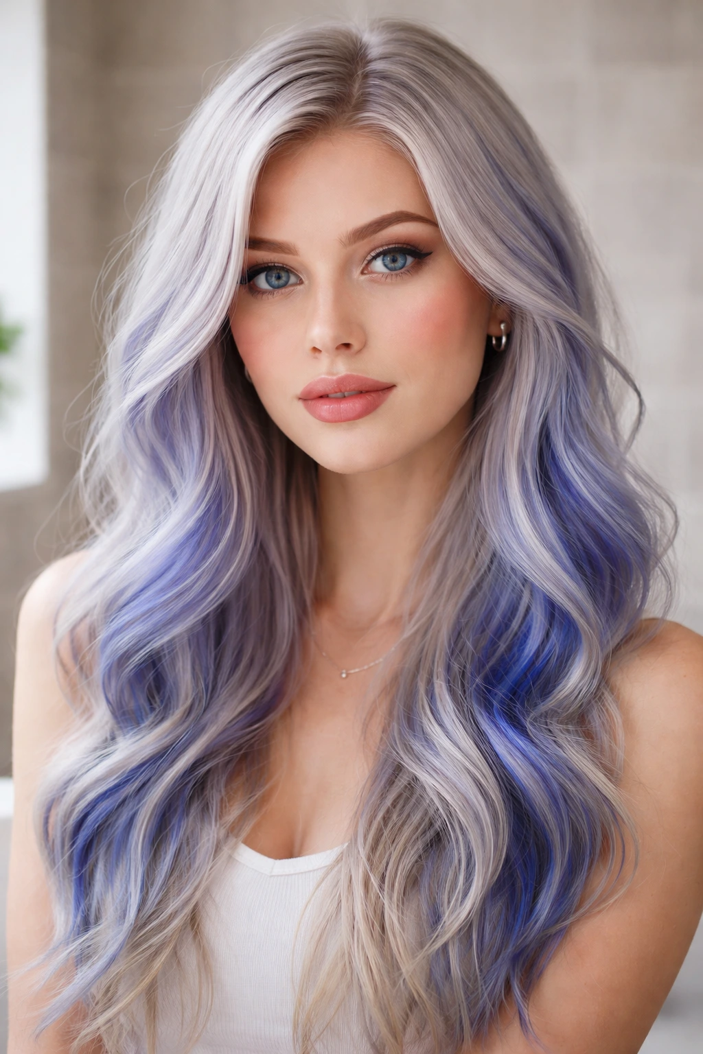 Close-up portrait of a real person with blue-blonde hair on cool-toned skin, ash platinum base with blue hues