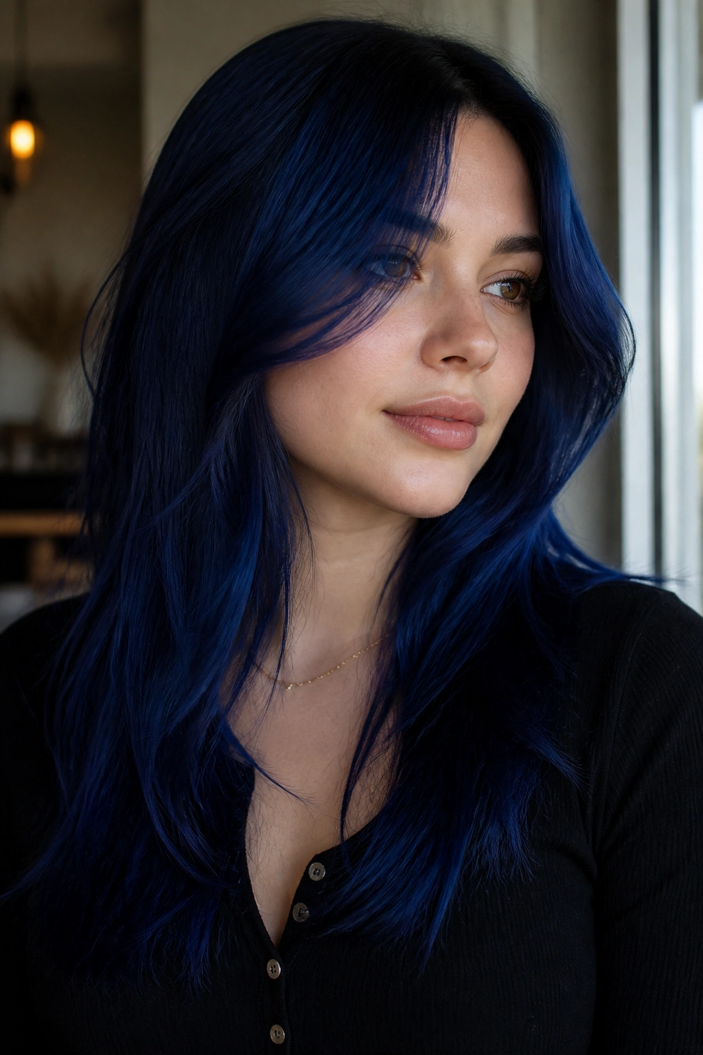 Close-up of a real woman with long blue layers and face-framing pieces.