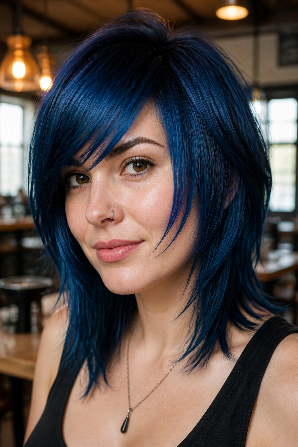 Real woman with blue haircut and diagonal side-swept bangs grazing cheekbone
