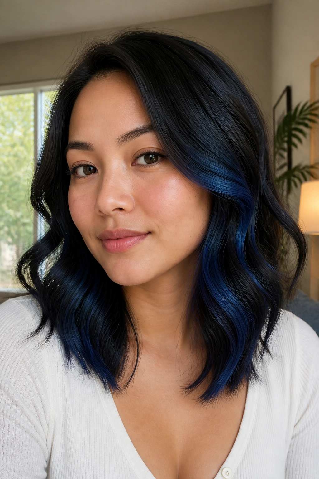 Close-up of a real woman with cobalt blue highlights starting below the cheekbone on shoulder-length hair, natural window light