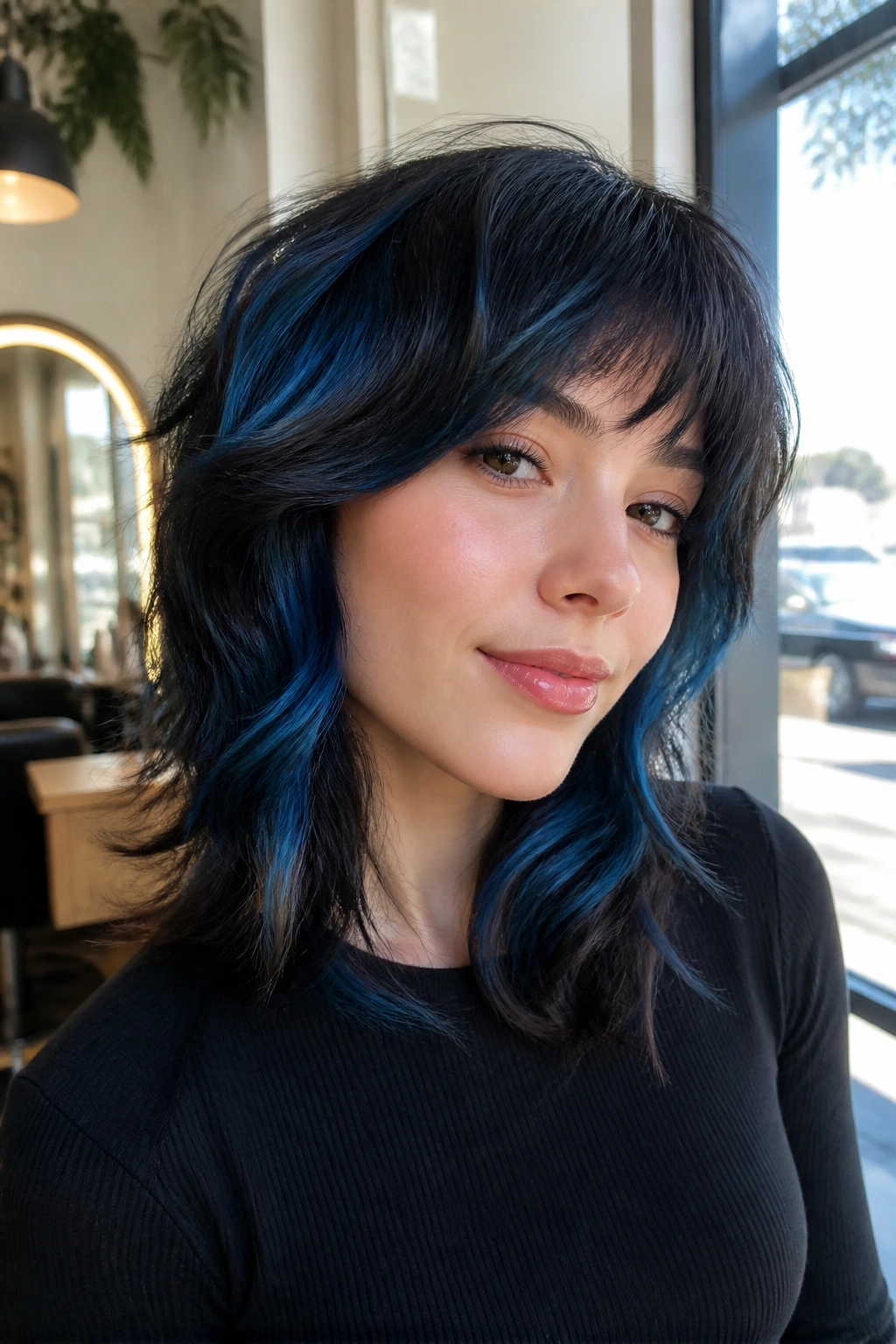Close-up of a person with blue highlights on a textured shag haircut