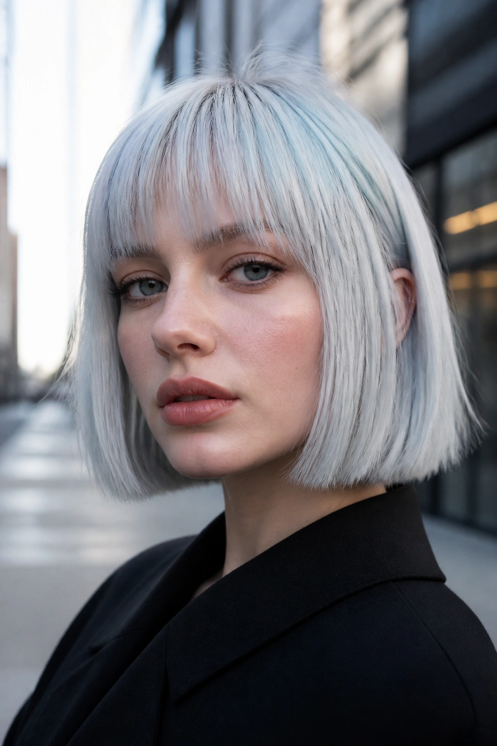 Close-up portrait of a real woman with blue ice blonde jaw-length bob and blunt fringe in urban daylight.