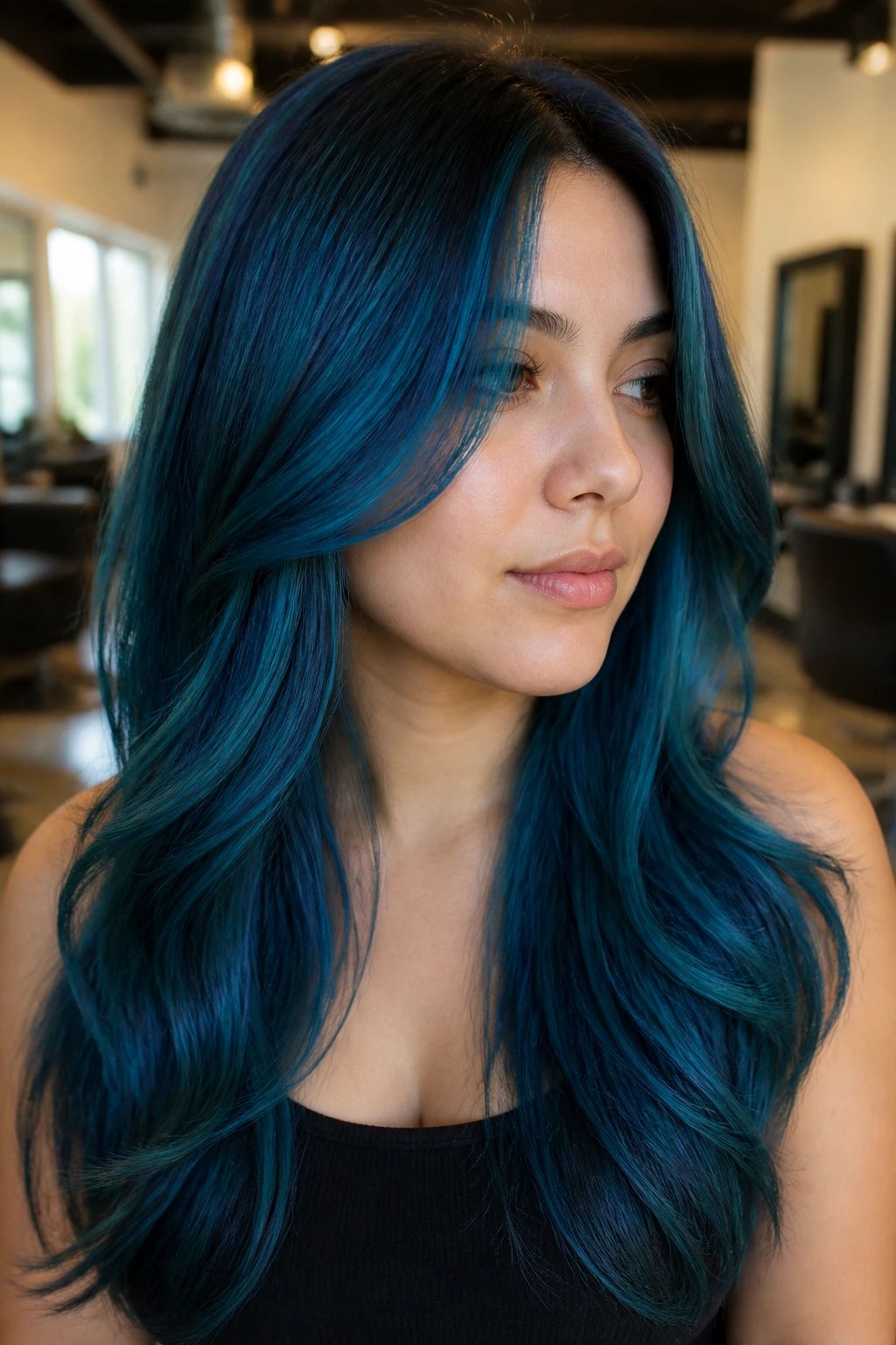 Close-up portrait of a real woman with blue mermaid layers and long face-framing ends in a salon setting